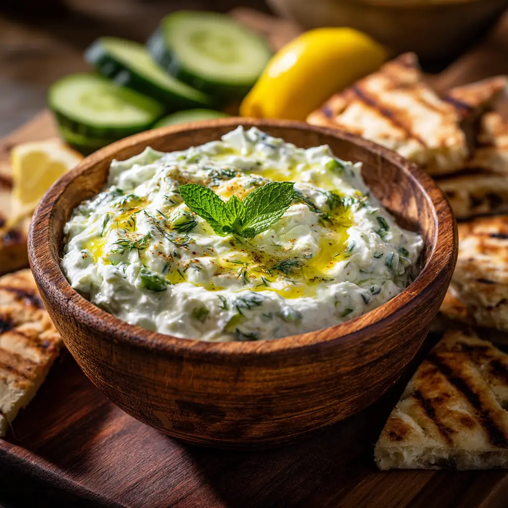A spoonful of fresh tzatziki dip being lifted from a bowl, highlighting its rich consistency and specks of fresh dill and garlic.