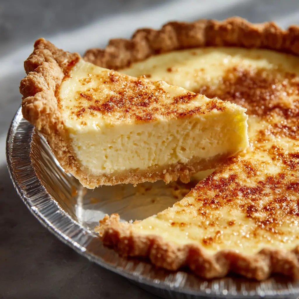 The full Hoosier sugar cream pie sitting on a rustic wooden surface, ready to be served to the family.