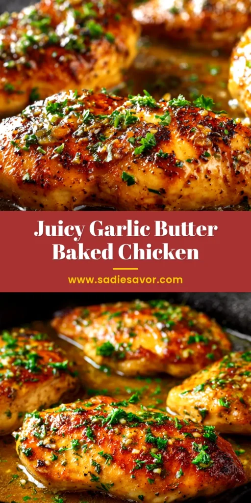 A close-up of juicy Garlic Butter Baked Chicken Breast in a baking dish, garnished with fresh parsley. The chicken is golden-brown and glistening with sauce.