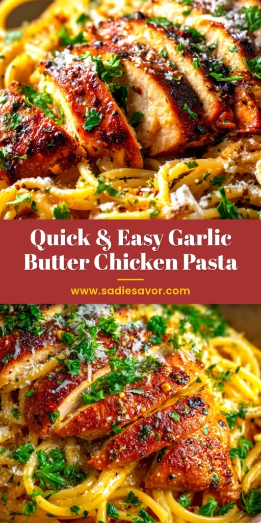 Garlic Butter Chicken Pasta (The Ultimate 30-Minute Recipe) 4 A delicious bowl of Garlic Butter Chicken Pasta topped with fresh parsley. The perfect quick and easy weeknight dinner recipe.