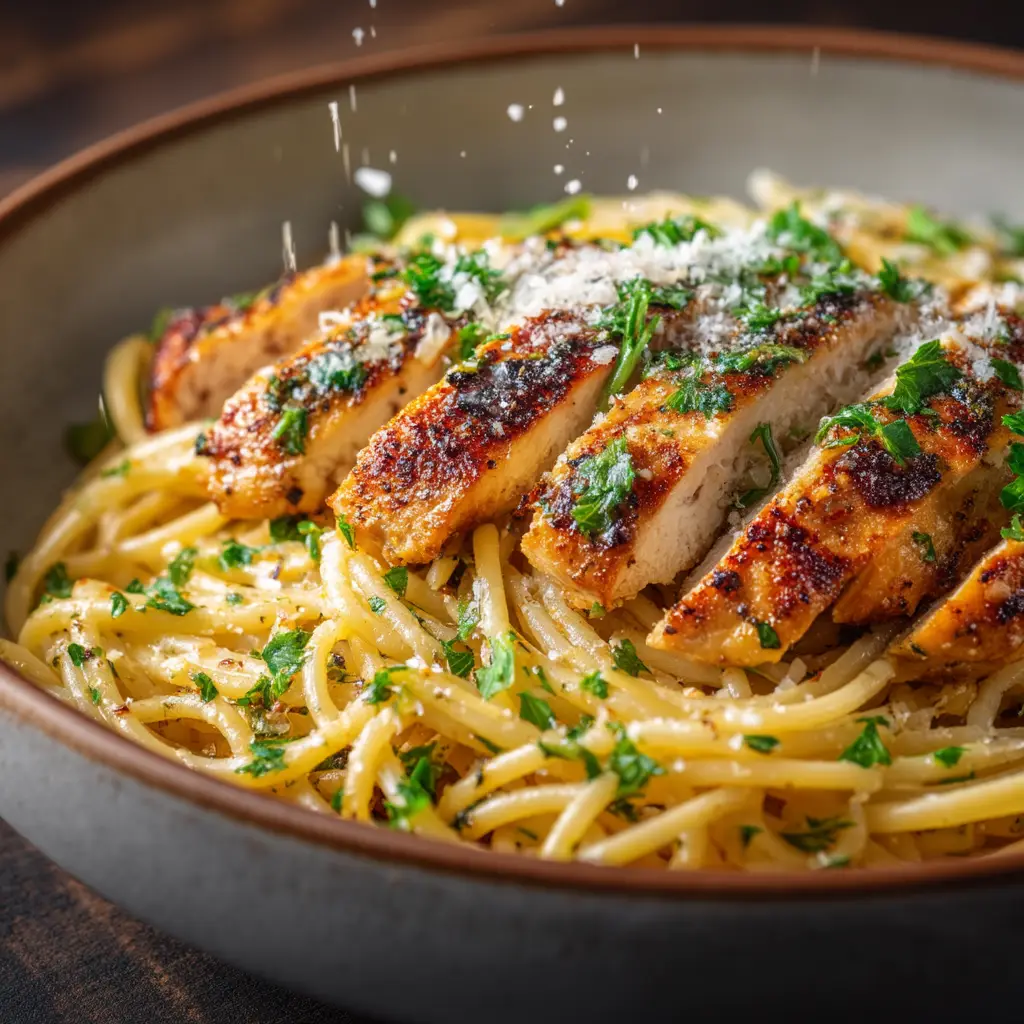 Garlic Butter Chicken Pasta (The Ultimate 30-Minute Recipe) 1 A close-up of a fork twirling spaghetti from a bowl of Garlic Butter Chicken Pasta.