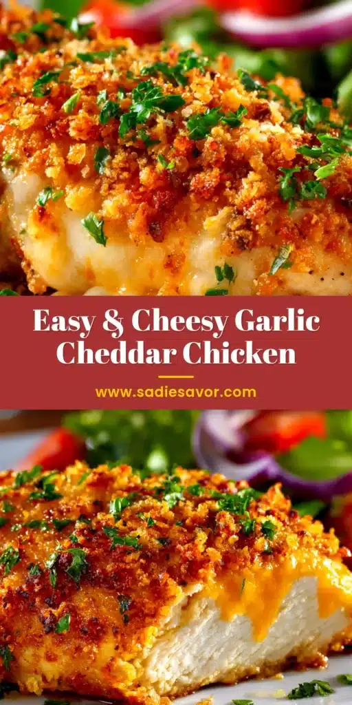 A close-up shot of juicy Garlic Cheddar Chicken in a skillet, smothered in a creamy, bubbly cheese sauce and garnished with fresh parsley.