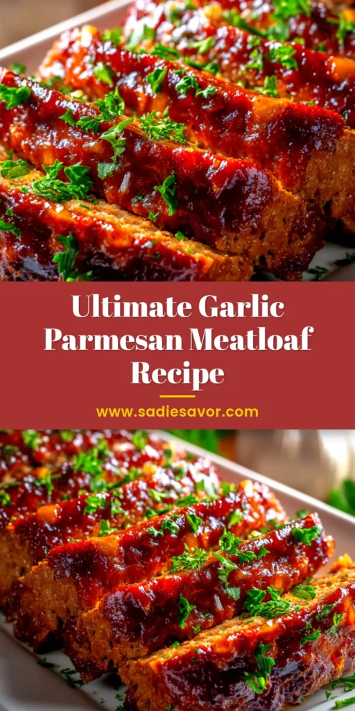 Garlic Parmesan Meatloaf: The Ultimate Comfort Food Recipe 3 A close-up shot of a perfectly glazed Garlic Parmesan Meatloaf, with a slice cut to show the juicy interior. This easy meatloaf recipe is perfect for a comforting family dinner.