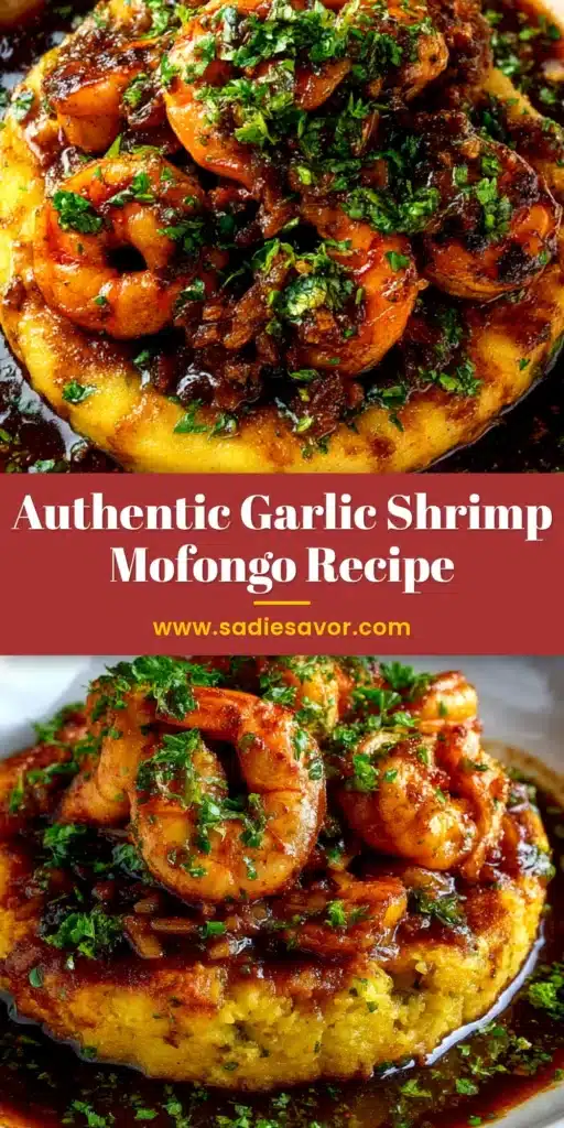 A vibrant bowl of authentic Garlic Shrimp Mofongo, with succulent shrimp in a savory garlic sauce piled high on a perfectly formed mound of mashed plantains and garnished with fresh cilantro.