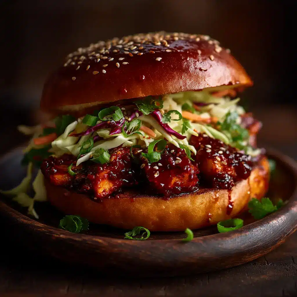 Korean BBQ Chicken Sandwich: The Ultimate Recipe 2 An extreme close-up shot of the gochujang chicken sandwich, showing the texture of the juicy glazed chicken and the fresh slaw.