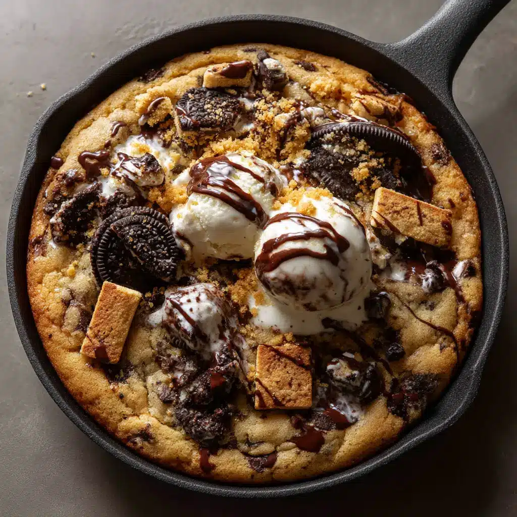 Cookies and Cream Skillet Cookie (The Ultimate Gooey Dessert) 1 A slice of the Oreo skillet cookie being lifted from the pan, revealing its gooey, melted interior full of cookie chunks.