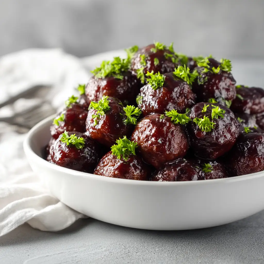 A serving dish filled with crockpot meatballs in a sweet and tangy grape jelly and chili sauce, ready for a party.