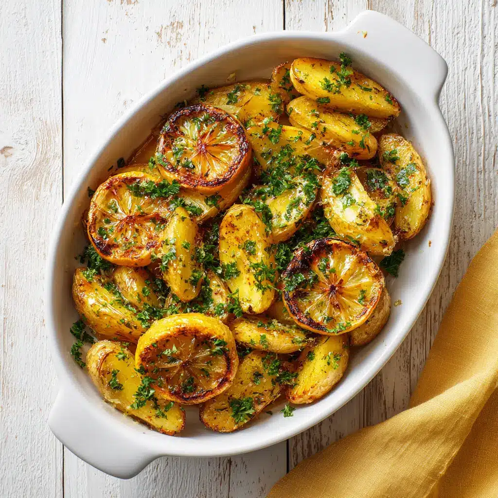 A serving of Greek lemon potatoes on a plate, showing the fluffy interior of a potato wedge next to the crispy skin.