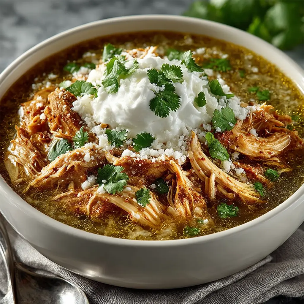 A hearty bowl of green chile chicken soup with a variety of toppings like shredded cheese, sour cream, and fresh lime wedges on the side.