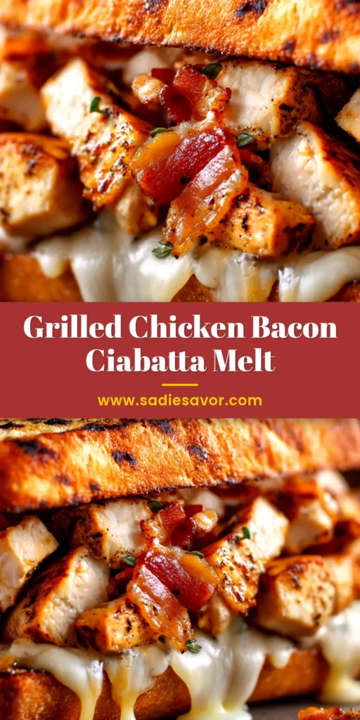 A delicious grilled chicken bacon sandwich cut in half to show the melted cheese, juicy chicken, and crispy bacon inside, served on a wooden board.