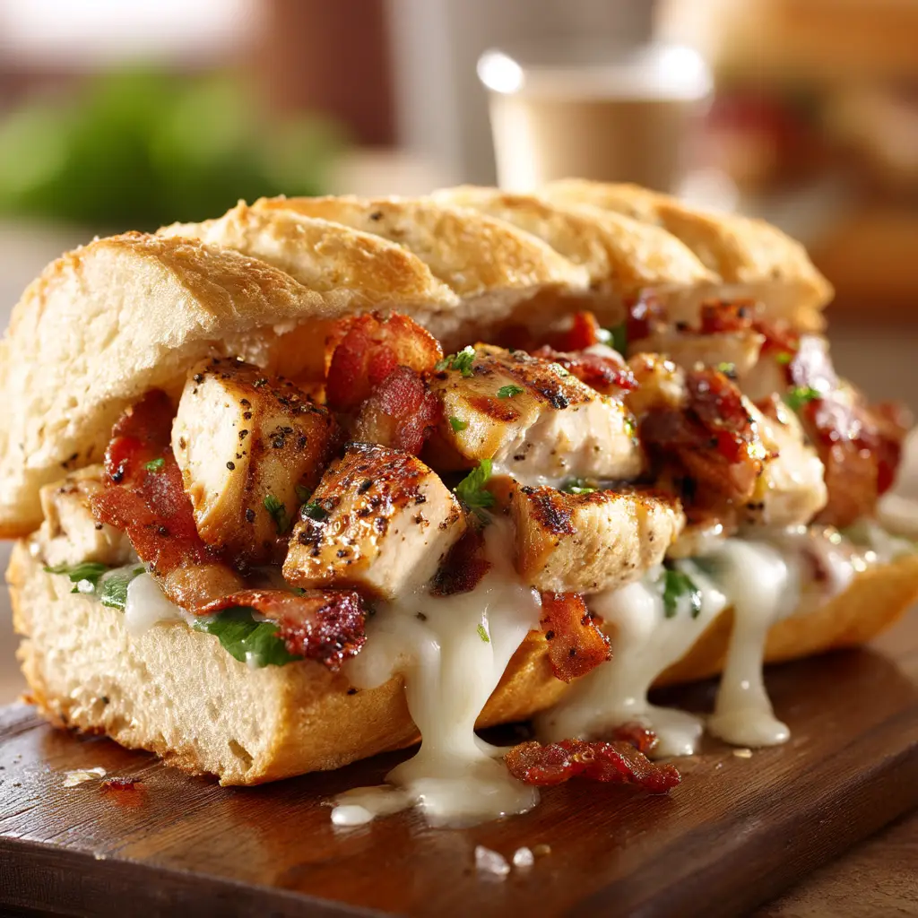Assembling the grilled chicken club sandwich with layers of sliced chicken, bacon, and cheese before grilling.