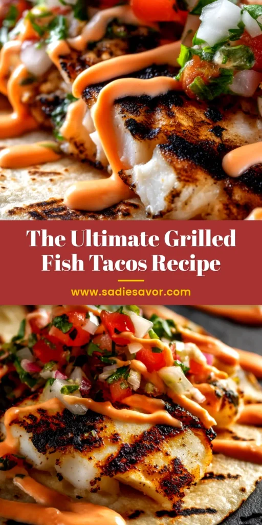 A platter of perfectly assembled grilled fish tacos, showing flaky grilled fish, colorful slaw, and a drizzle of crema in warm corn tortillas. The title 'The Best Grilled Fish Tacos' is overlaid on the image.