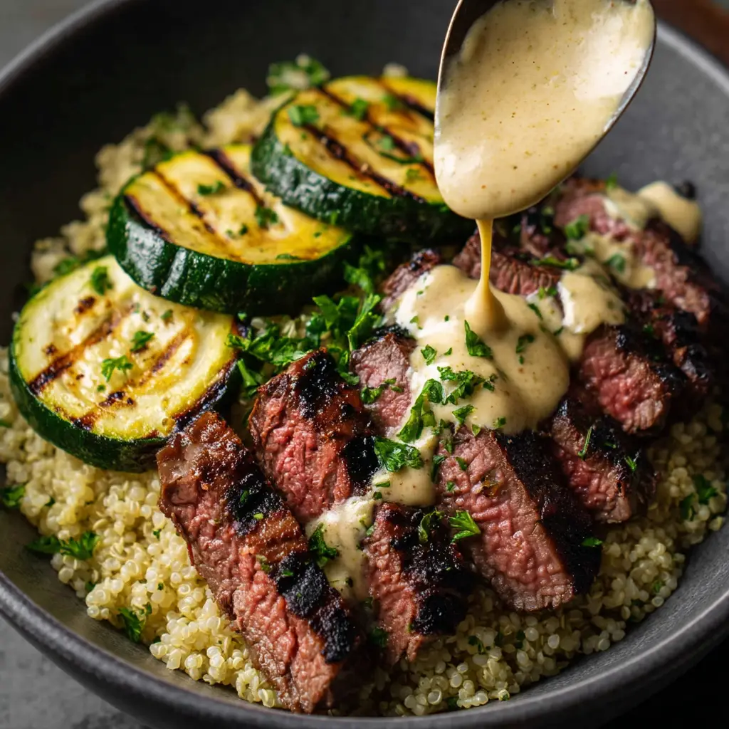 A detailed shot of the components of a beef bowl, showing the grilled steak next to fresh ingredients before being assembled.