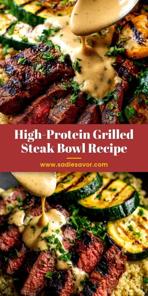 An overhead shot of a vibrant grilled steak bowl, featuring perfectly sliced medium-rare steak, fresh corn, black beans, and avocado on a bed of white rice.