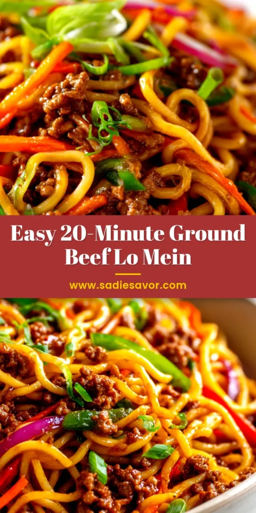 Ground Beef Lo Mein (Better Than Takeout!) 3 An overhead shot of a large white bowl filled with delicious Ground Beef Lo Mein, garnished with fresh green onions. This easy recipe is better than takeout and ready in 30 minutes.
