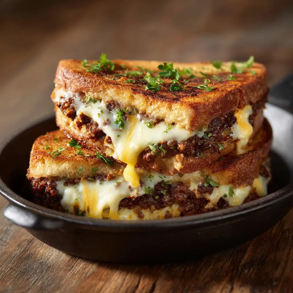 The inside of a ground beef melt, with gooey cheddar and provolone cheese stretching from the sandwich.