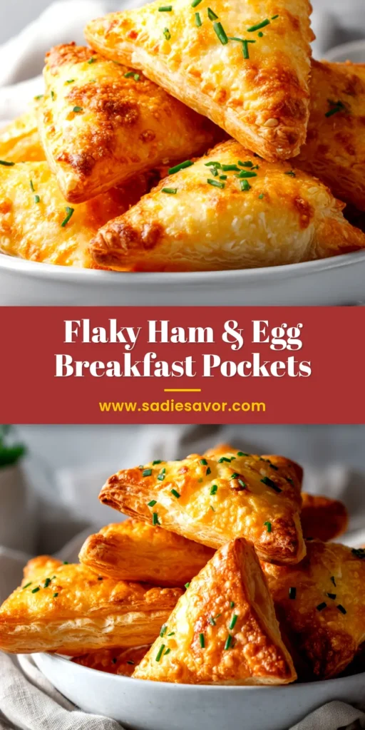 Delicious Ham and Egg Puff Pastry Pockets fresh out of the oven, golden brown and flaky on a white plate. A perfect savory breakfast idea.