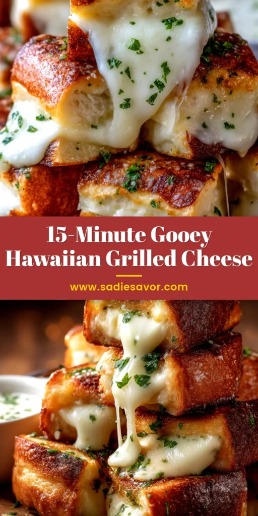 A perfectly golden-brown Hawaiian roll grilled cheese sandwich being pulled apart, showing a gooey, melted cheese pull against a clean background.