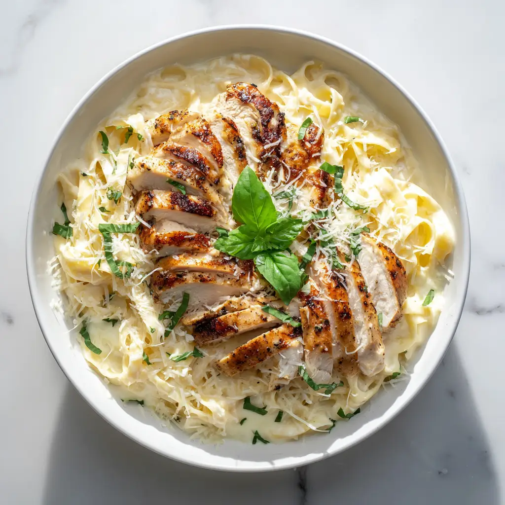 A close-up shot of the healthy alfredo sauce ingredients, including pasta, chicken, and fresh parsley.