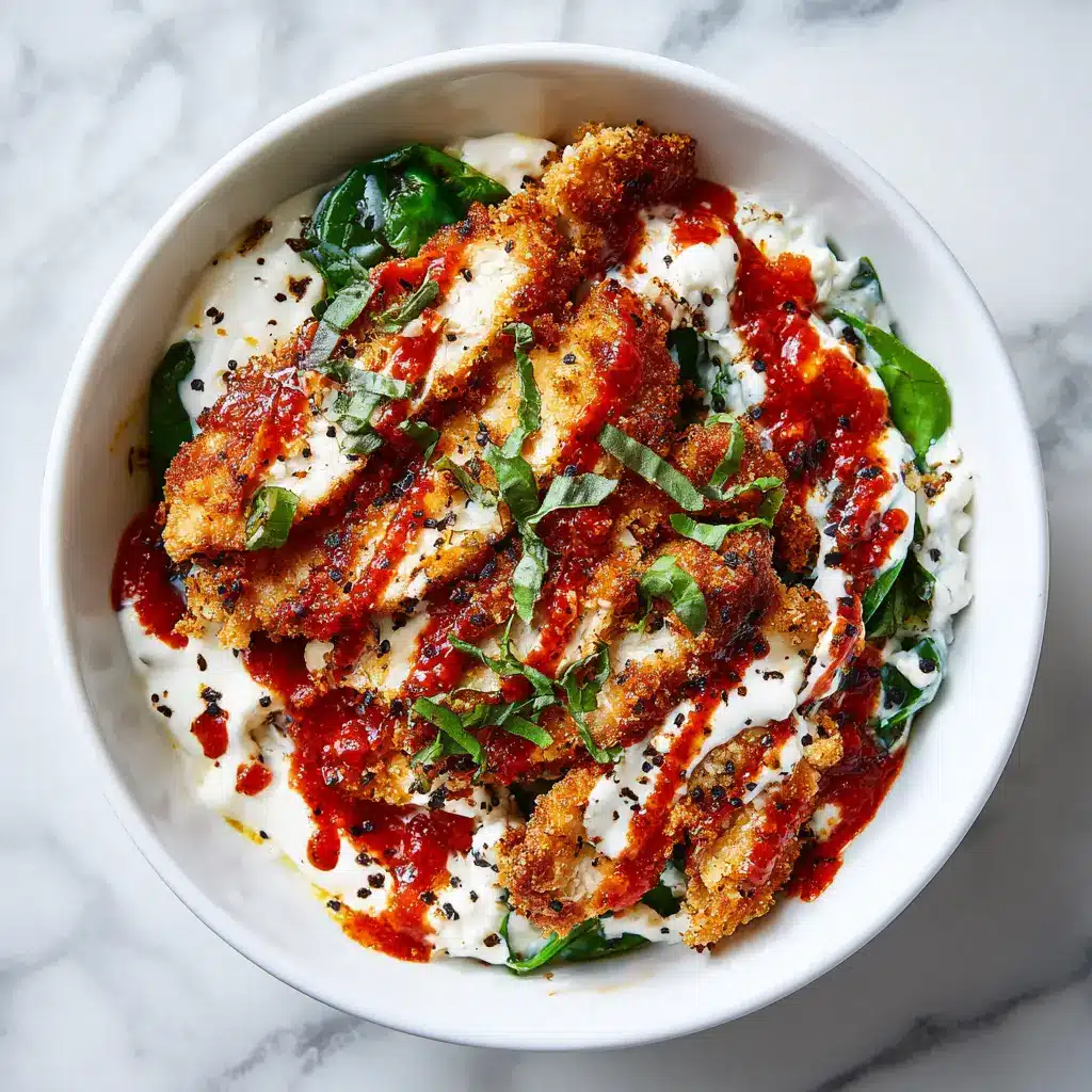 High-Protein Chicken Parm Cottage Cheese Bowl 2 An overhead view of a healthy chicken parmesan bowl made with a creamy cottage cheese base, ready to be served.