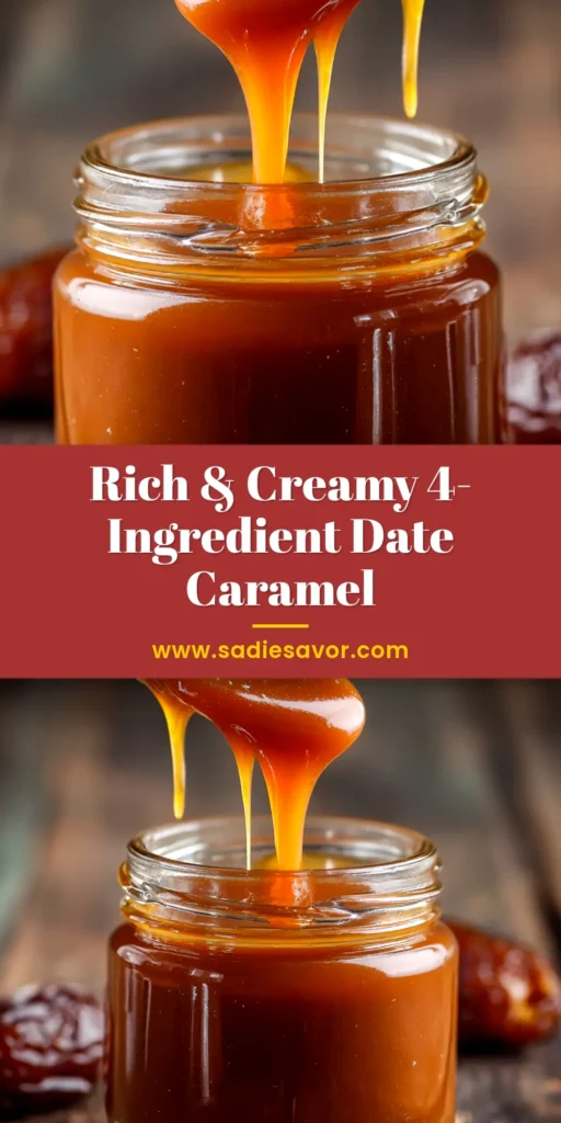 A jar of creamy, homemade Date Caramel Sauce being drizzled with a spoon. Perfect for a healthy, vegan, and paleo dessert topping.