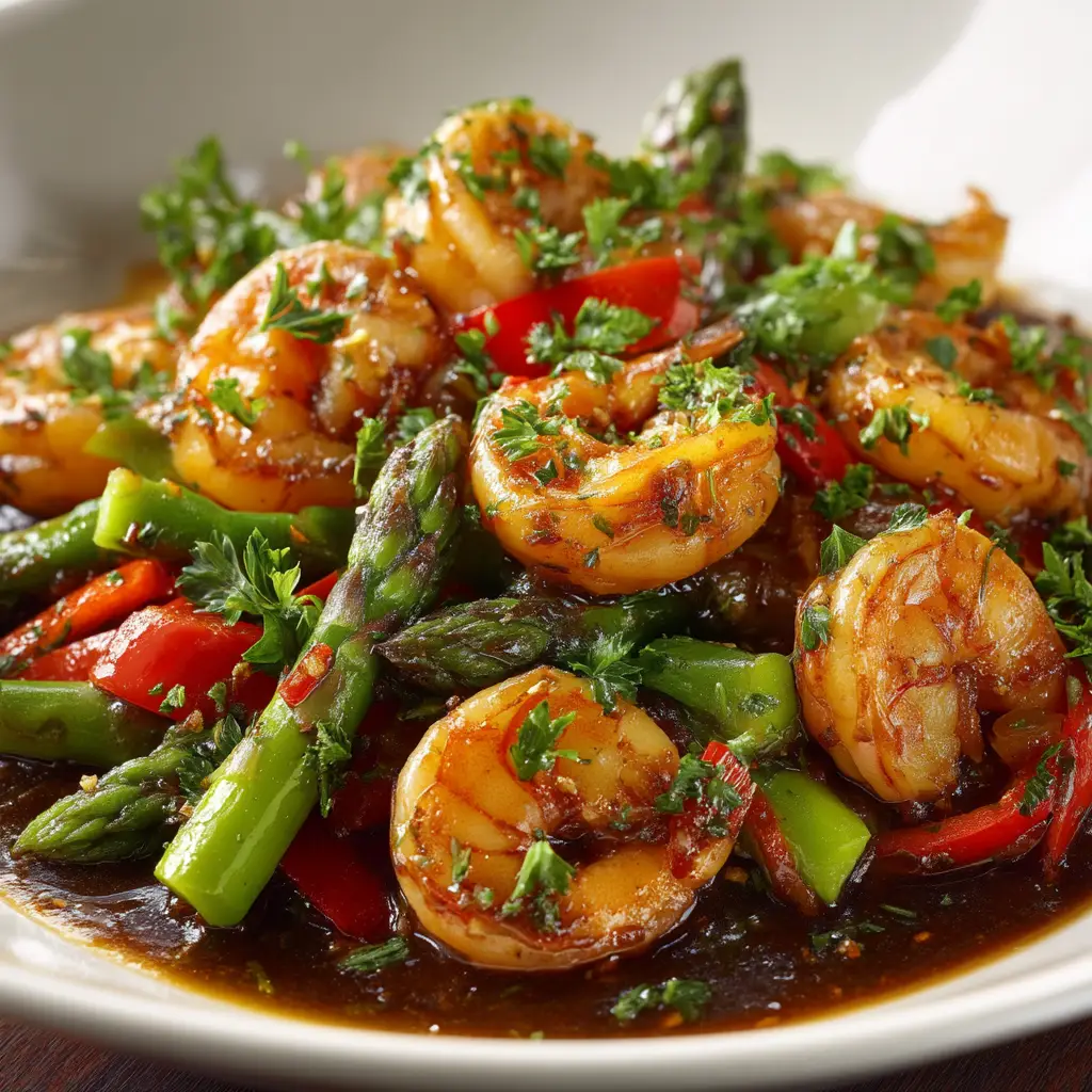 A bowl of healthy shrimp and asparagus stir-fry served over a bed of white rice.