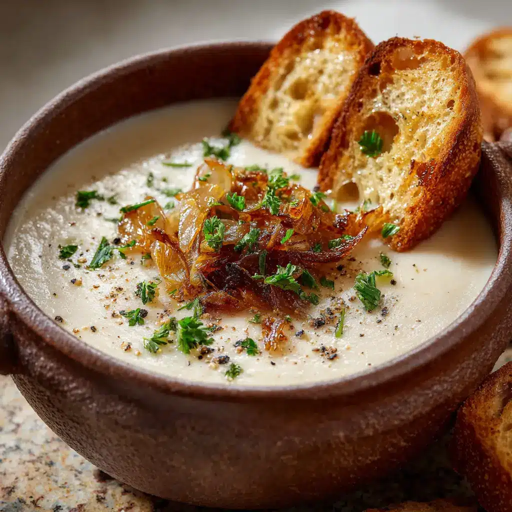 Country French Garlic Soup: A Rustic & Comforting Recipe 1 A bowl of hearty garlic soup with a slice of toasted baguette soaking in the flavorful broth.