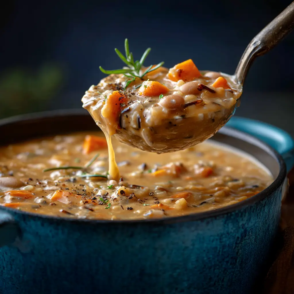 Vegan Pumpkin Wild Rice Soup (Creamy & Hearty) 2 A ladle scooping a hearty portion of vegan pumpkin wild rice soup from a large pot, showing the rice and vegetable texture.