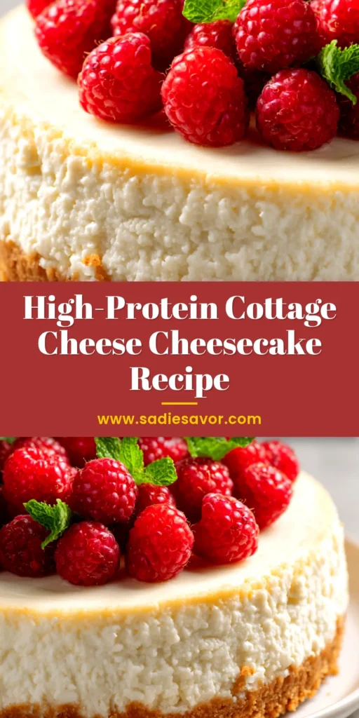 High-Protein Cottage Cheese Cheesecake (That's Actually Creamy!) 3 A slice of high-protein cottage cheese cheesecake on a white plate, topped with fresh raspberries. The cheesecake is creamy and perfectly set, showcasing a healthy yet decadent dessert.
