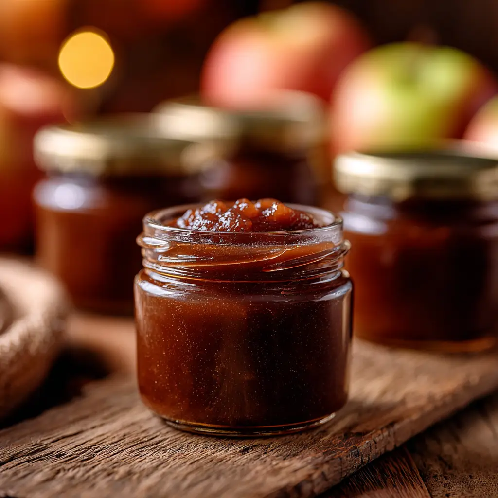 A close-up shot of homemade apple butter in a rustic mason jar, showing its smooth, dark texture. A silver spoon rests beside the jar.