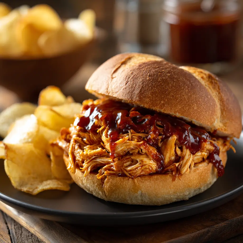 Another view of a homemade BBQ pulled chicken sandwich, showing the generous portion of saucy chicken spilling out of a toasted brioche bun. The focus is on the moist and tender texture of the meat.