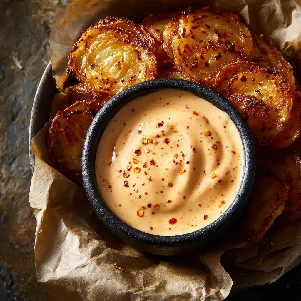A spoonful of homemade Bloomin Onion Sauce being lifted from a bowl, showing off its smooth texture. A true copycat dipping sauce recipe.