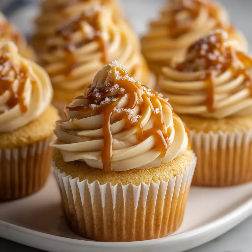 Caramel Cupcakes Recipe with Silky Buttercream 2 Several homemade caramel cupcakes arranged on a rustic wooden board, showcasing their fluffy texture and rich frosting.