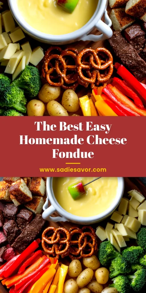 A delicious pot of creamy homemade cheese fondue ready for dipping, with cubes of bread and other dippers surrounding it. The perfect easy appetizer recipe.