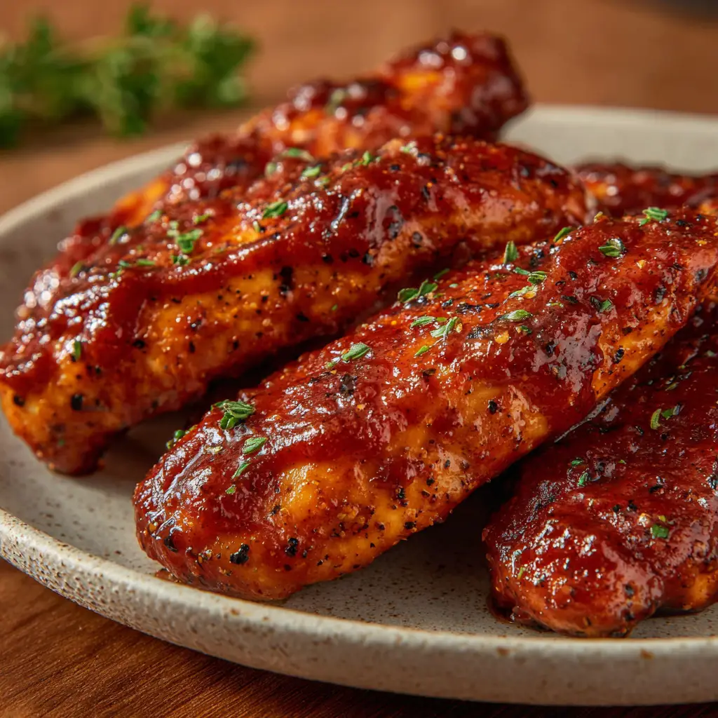 A close-up shot of several homemade baked BBQ chicken tenders on a wire rack, showing off their crispy, golden-brown panko coating.