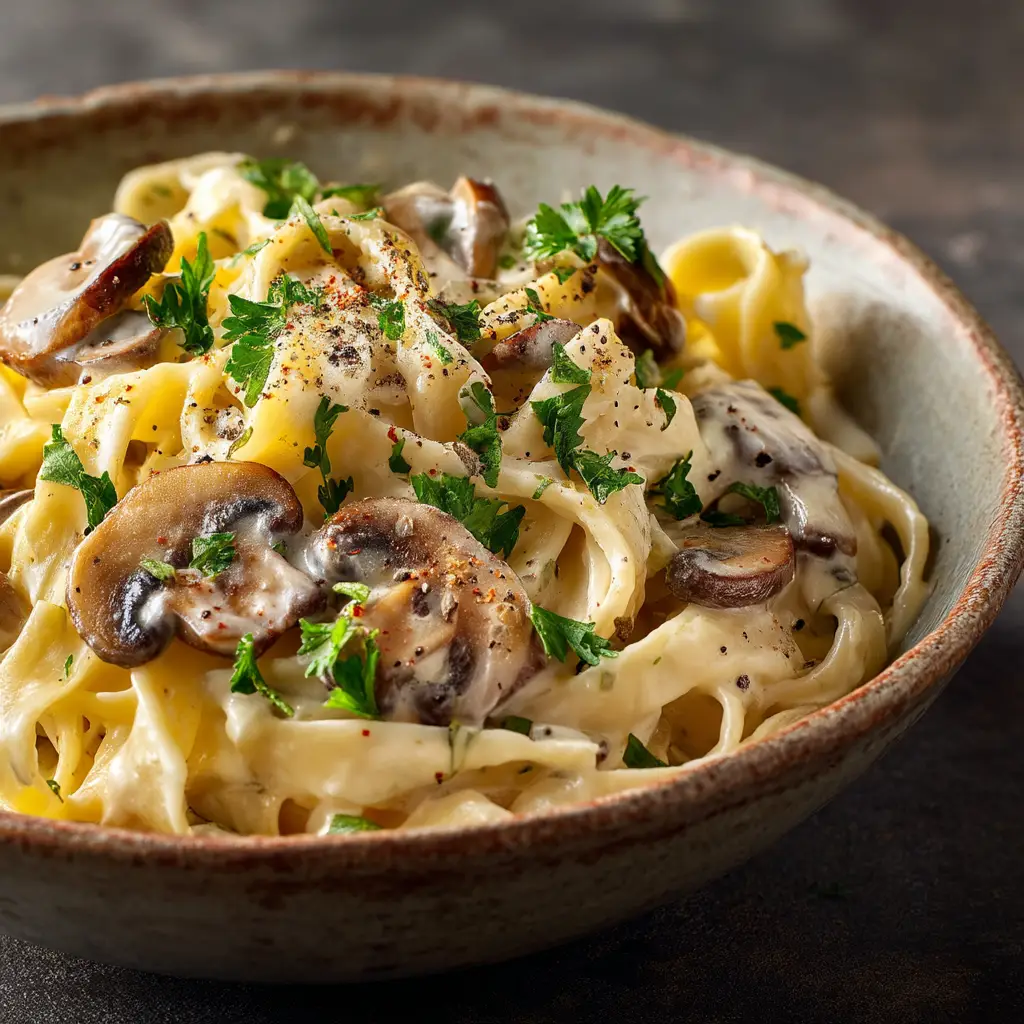 A side view of Creamy Mushroom Alfredo in a rustic bowl, showcasing the browned mushrooms and creamy sauce.