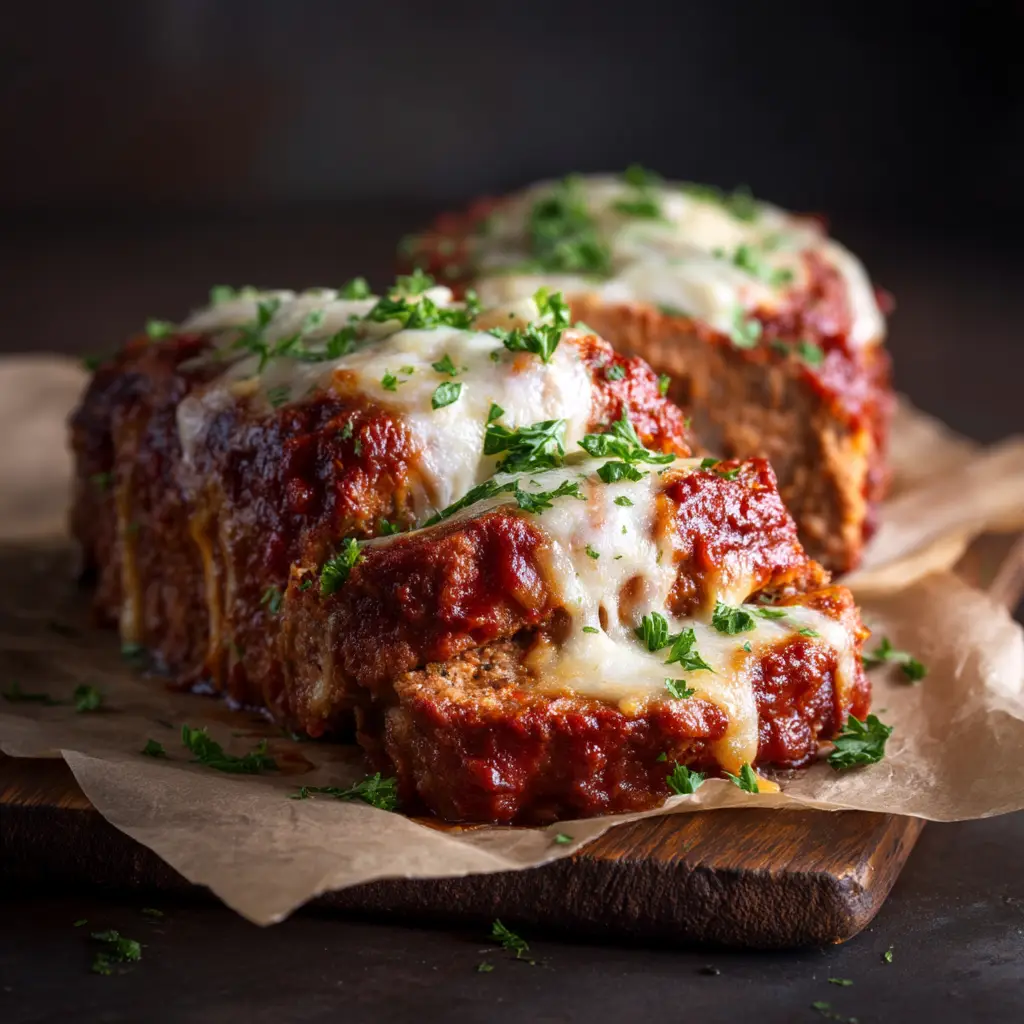 A close-up view of the savory glaze on top of the homemade Parmesan Chicken Meatloaf, just out of the oven.