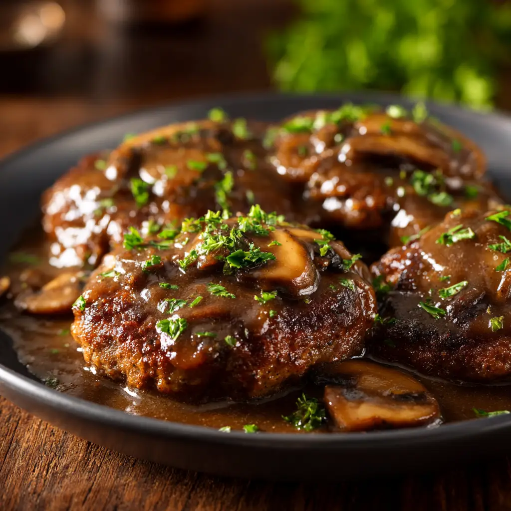 Easy Salisbury Steak Recipe (with Rich Mushroom Gravy) 2 A close-up of a homemade Salisbury steak patty sizzling in a skillet, developing a perfect brown crust before being added to the onion gravy.