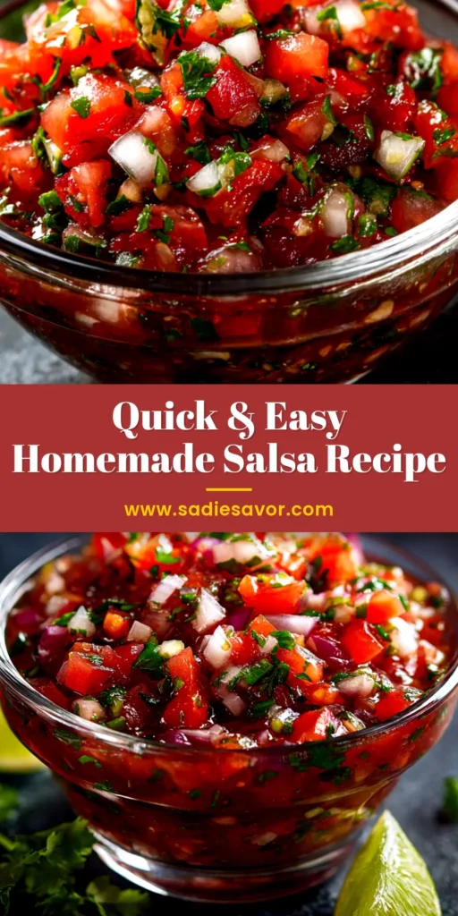 A bright red bowl of fresh homemade salsa recipe, surrounded by tortilla chips, cilantro, and lime wedges.