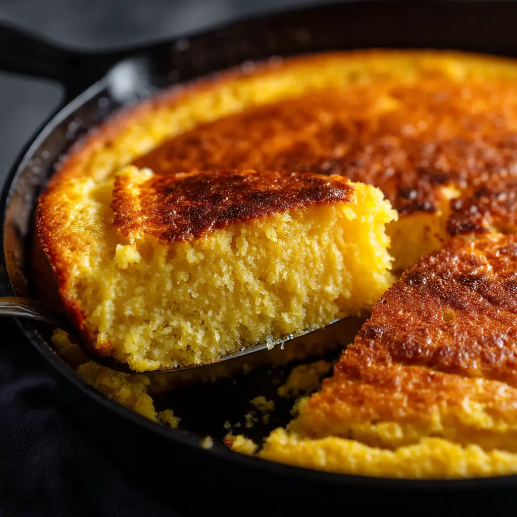 Spoon Bread Recipe (The Ultimate Southern Classic) 2 A close-up shot of homemade spoon bread, highlighting its moist, pudding-like texture and golden baked top. This dish is a classic example of Southern cornmeal bread.
