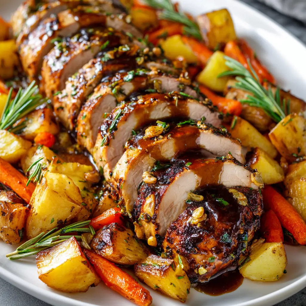 Honey balsamic glaze being brushed onto a seared pork tenderloin before it goes into the oven.