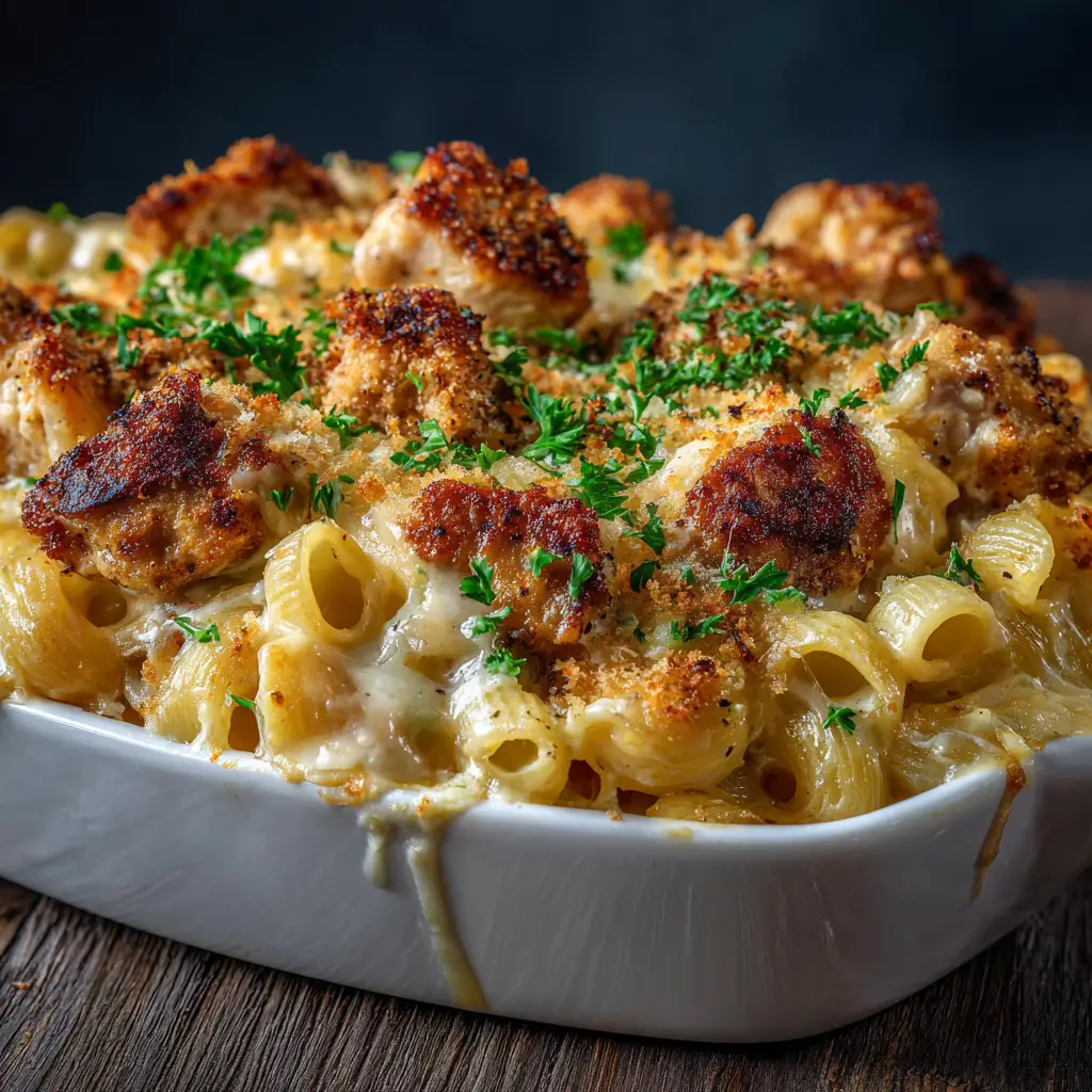 A bowl of finished honey pepper chicken mac and cheese garnished with fresh parsley.