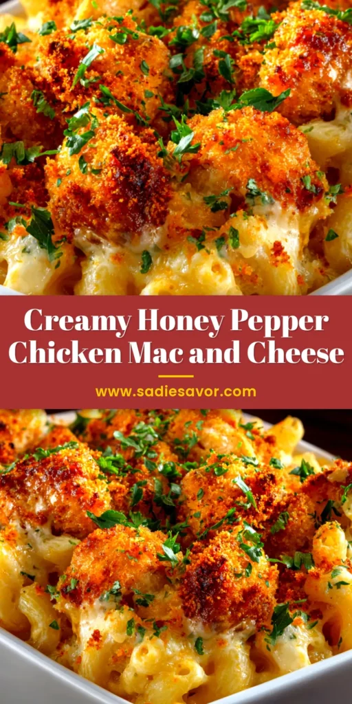 A large bowl of creamy honey pepper chicken mac and cheese, showcasing tender chicken pieces and a rich, cheesy sauce, ready to be pinned.