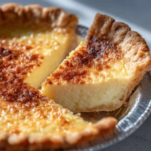 A close-up slice of homemade sugar cream pie on a white plate, showing the velvety smooth texture of the eggless custard filling.