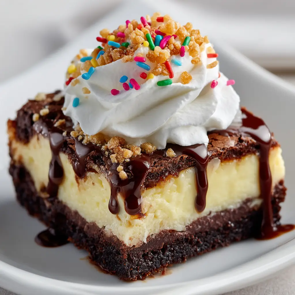 A spoon scooping into the finished Hot Fudge Sundae Brownie, revealing the layers of warm brownie, melting ice cream, and thick fudge sauce.