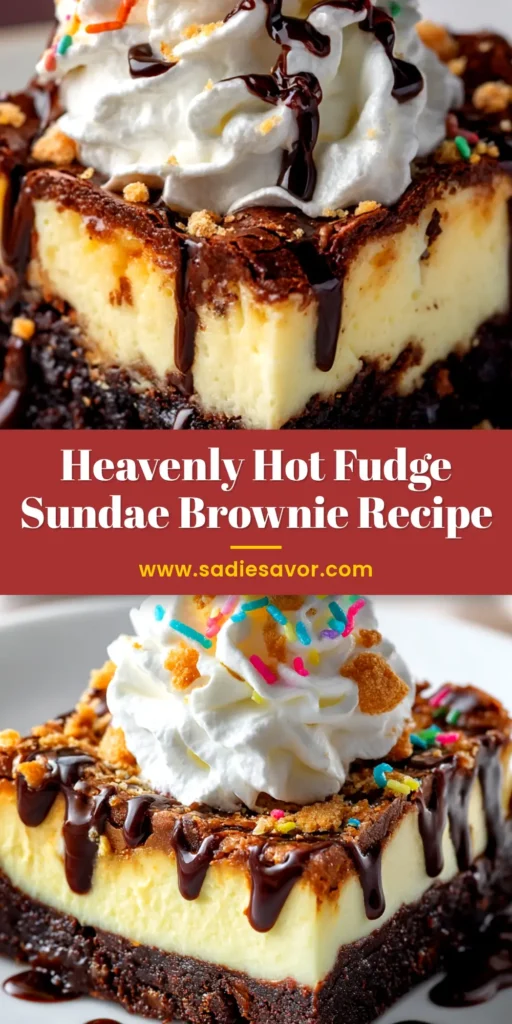 A decadent Hot Fudge Sundae Brownie in a white bowl, with vanilla ice cream melting under a rich, glossy homemade hot fudge sauce and topped with a cherry.