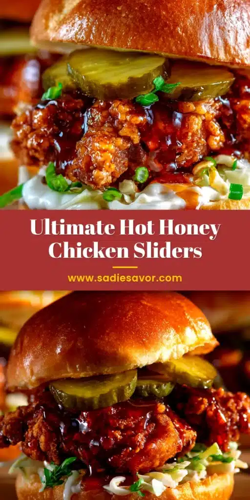 A delicious platter of hot honey chicken sliders on Hawaiian rolls, topped with melted cheese and pickles. Perfect sweet and spicy party food.