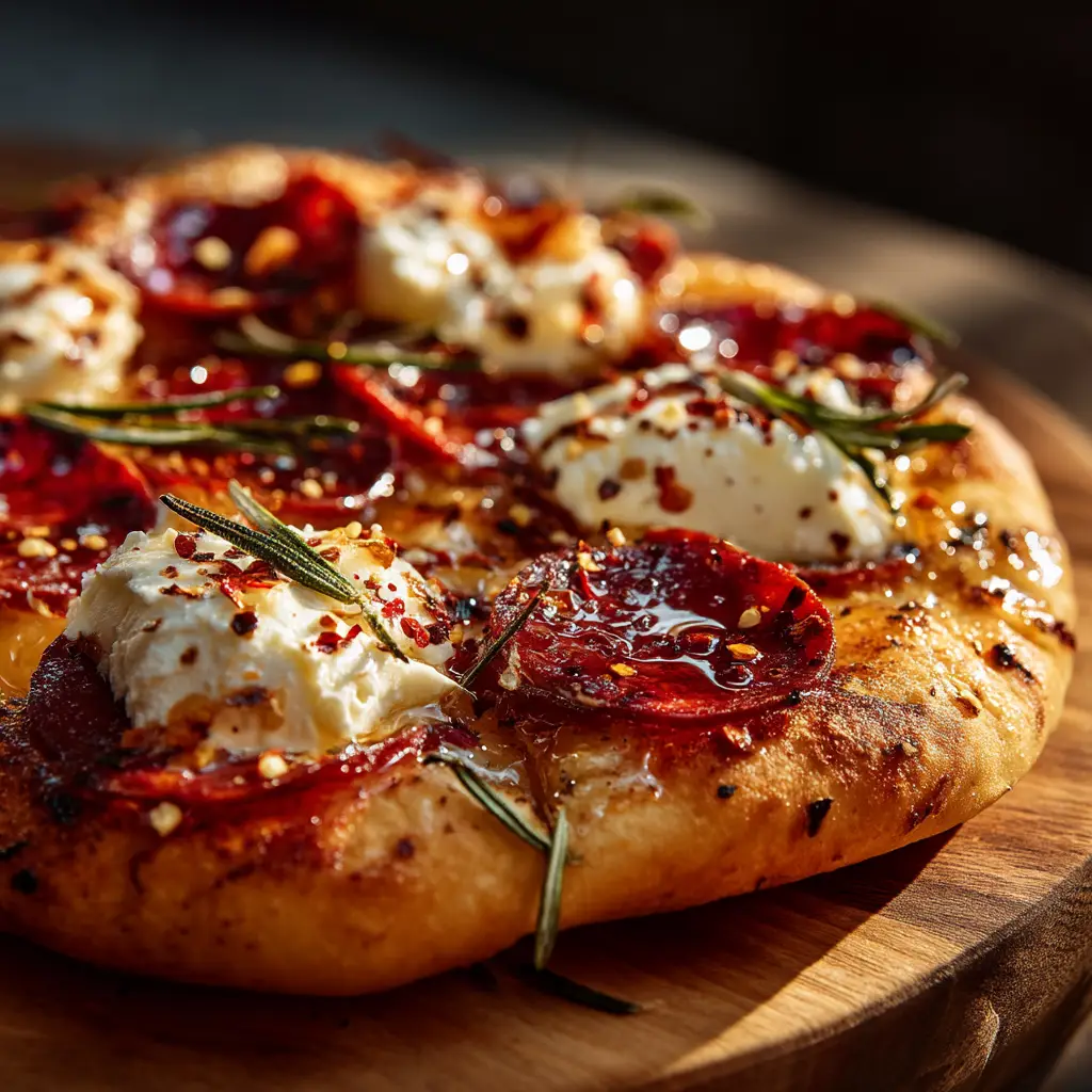 Hot Honey Pepperoni Pizza: The Ultimate Sweet & Spicy Recipe 2 A close-up shot of a slice of sweet and spicy pizza, highlighting the crispy cup-and-char pepperoni and the glistening hot honey drizzle.