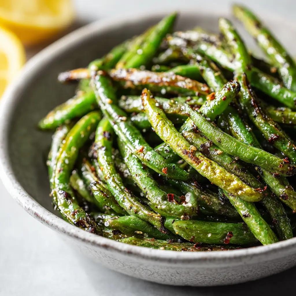 A close-up view of seasoned green beans in an air fryer basket before cooking, showcasing the simple preparation.