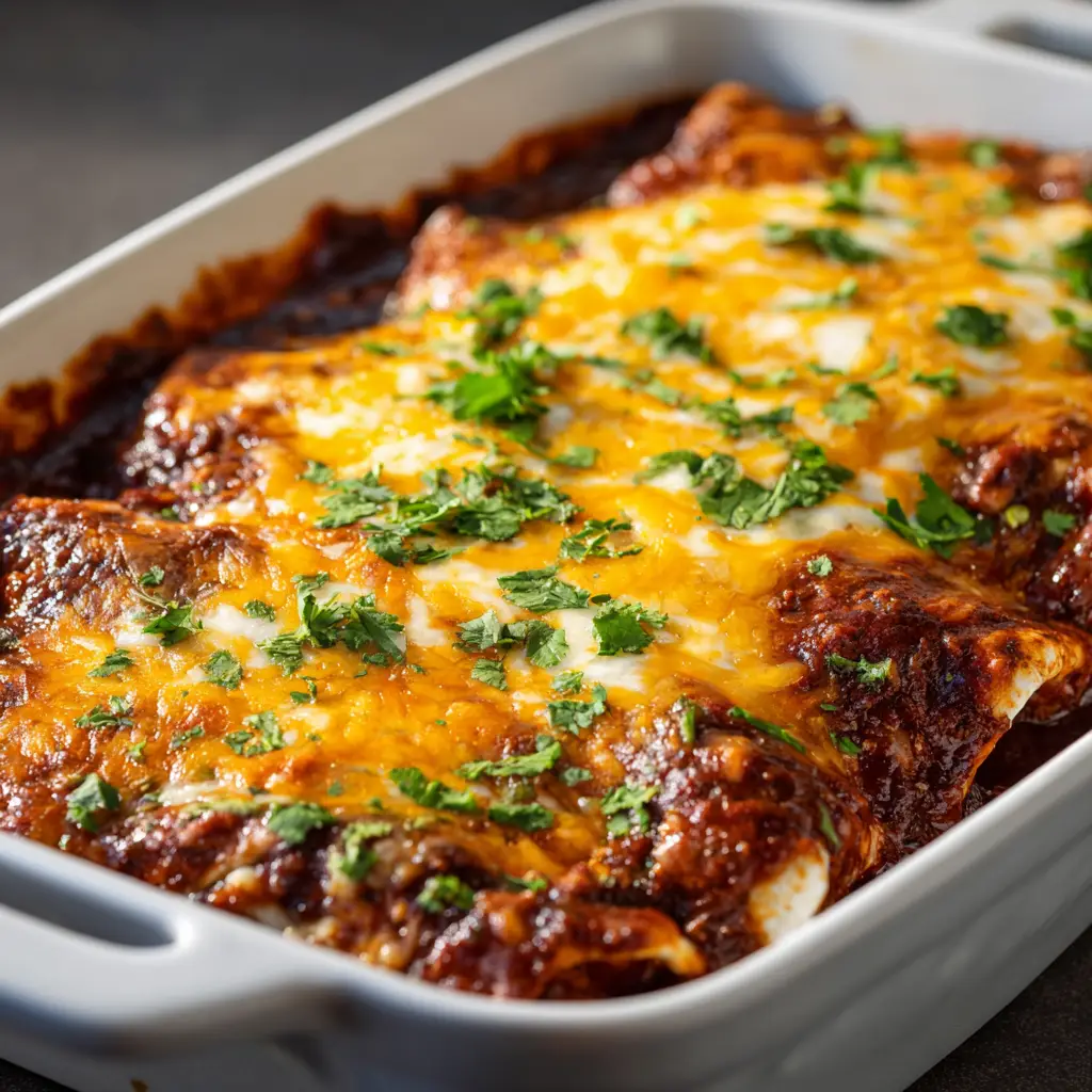 The process of rolling shredded beef enchiladas with corn tortillas and homemade red enchilada sauce.